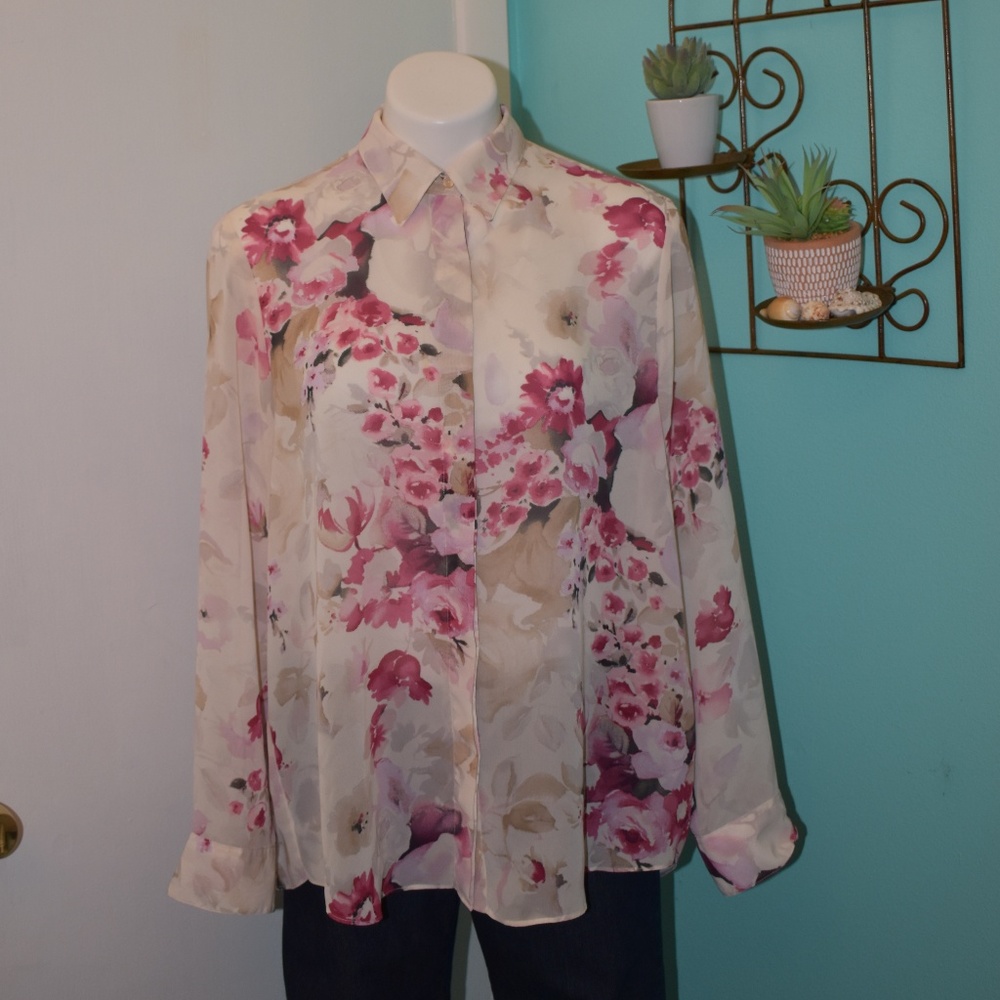 Chaps Ralph Women's Shirt Semi Sheer Back Pleated - Picture 1 of 6